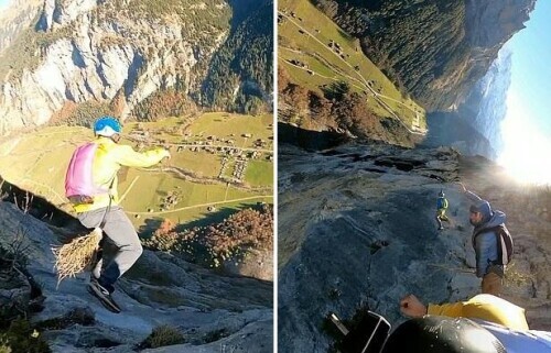 法国多名跳伞者骑扫帚从200米高悬崖上跳下