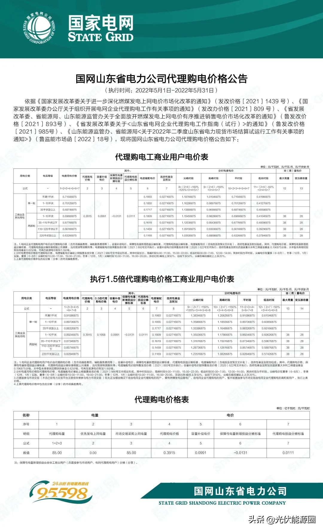 最新 | 2022年5月全国各地电网企业代理购电价格出炉（附电价表）