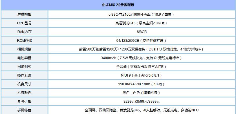 小米MIX 2S参数配置详情 高颜值陶瓷机身图赏